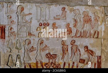 Relief on the wall of the Tomb of Meryneith an Ancient Egyptian official who lived in the Amarna-Period during the reign of Akhenaten and Tutankhamun Stock Photo