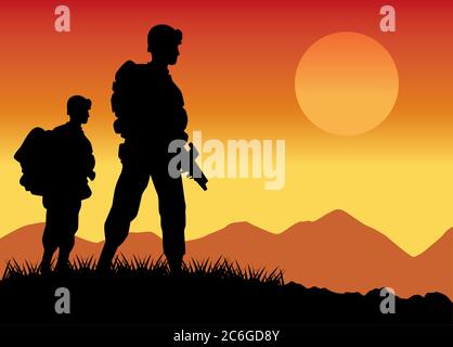 military soldiers silhouettes figures in the camp sunset scene vector illustration design Stock Vector