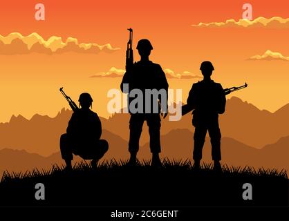 military soldiers with guns silhouettes figures sunset scene vector illustration design Stock Vector