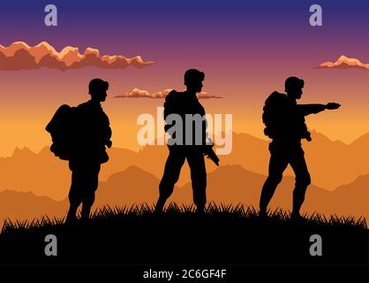 military soldiers silhouettes figures in the camp sunset scene vector illustration design Stock Vector