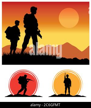 military soldiers with guns silhouettes figures sunset scene vector illustration design Stock Vector