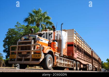 A Kenworth Road Train truck parked on the side of the road in the Northern Territory of Australia. Stock Photo