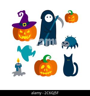 Set of Halloween objects. The Death, pumpkin in witch hat, ghost silhouette, black cat with shining eyes, candle and a grumpy spider. Vector Stock Vector