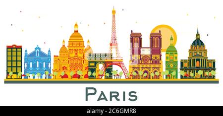 Paris France City Skyline with Color Buildings Isolated on White. Vector Illustration. Business Travel and Tourism Concept with Historic Architecture. Stock Vector
