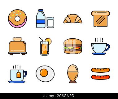 set of breakfast icon color and thin line. Stock Vector