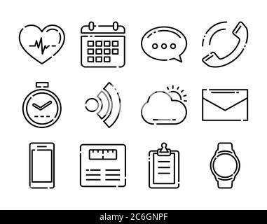 Thin line icons fitness tracker technology data with applications in smartwatch. Stock Vector