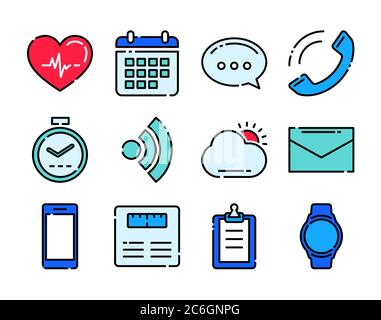 Fitness icons tracker technology data with applications in smartwatch. Stock Vector