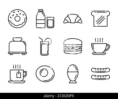 Breakfast icons set. Thin line style. Stock Vector