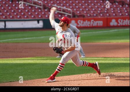 St. Louis, United States. 10th July, 2020. St. Louis Cardinals pitcher Dakota Hudson delivers a pitch in a inter squad game during Summer Camp at Busch Stadium in St. Louis on Thursday, July 9, 2020. Photo by Bill Greenblatt/UPI Credit: UPI/Alamy Live News Stock Photo