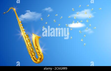mock up illustration of trumpet with music on clouds Stock Vector