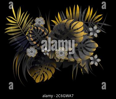 Summer tropical leaves with black and gold exotical plants palm jungle leaf. Trending colors on dark background template banner. Vector illustration Stock Vector