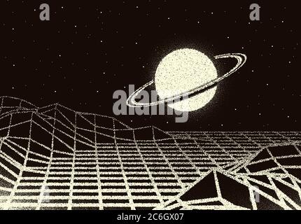 Retro dotwork landscape with 80s styled laser grid, planet and stars background from old sci-fi book or poster Stock Vector
