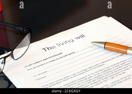 Symbol image: Blank form of the living will on a desk Stock Photo