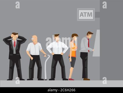 Young and old people waiting in line to draw money from self-service Automated Teller Machine. Cartoon vector illustration isolated on grey background Stock Vector