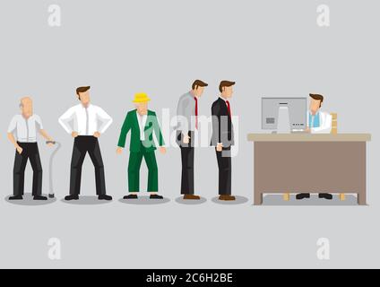 People from all walks of life standing in line waiting for their turn in front of administrative staff working on computer. Cartoon vector illustratio Stock Vector