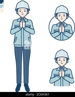 A Man wearing workwear with press hands in prayer images. It's vector art so it's easy to edit. Stock Vector