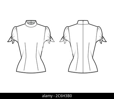 Knotted cutout blouse technical fashion illustration with high neckline, puffed volume sleeves, back zip fastening. Flat apparel template front, back white color. Women men unisex garment CAD mockup Stock Vector