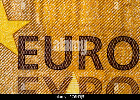 Selective focus on detail of euro banknotes. Close up macro detail of money banknotes, 50 euro isolated. World money concept, inflation and economy co Stock Photo