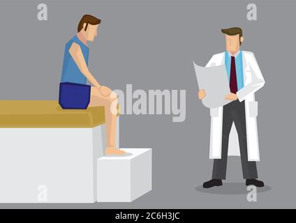 Cartoon vector illustration of sport athlete in tee shirt and shorts sitting on edge of clinic bed with therapist standing beside reading medical repo Stock Vector