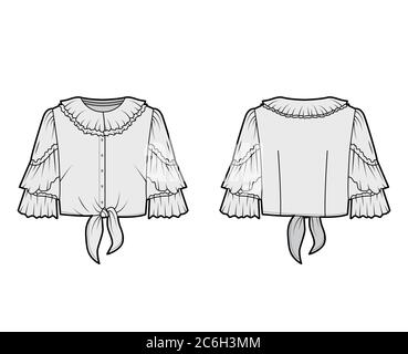 Cropped tie-front blouse technical fashion illustration with ruffled ...