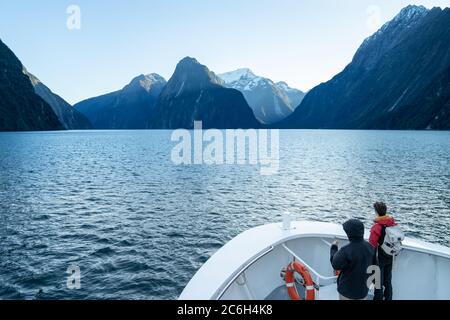 Traveller with beautiful scenic of milford sound in fiordland national park new zealand. Stock Photo