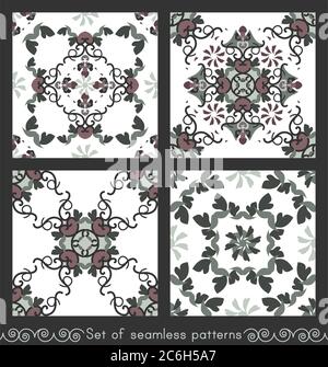 Set of seamless patterns with hearts, spirals and birds. Colors white, green, dark red and dark grey. Vector. Stock Vector
