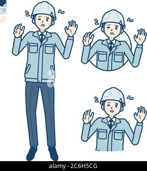 A Man wearing workwear with panic images. It's vector art so it's easy to edit. Stock Vector