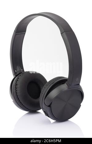 Black wireless headphones isolated on white background Stock Photo