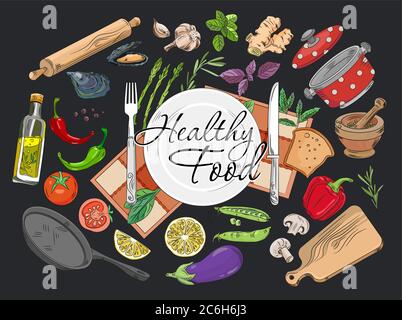 Food cooking vector set collection mixed. Dishes, vegetables, spices. Stock Vector