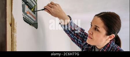 Electrician working on the distribution panel of a house Stock Photo