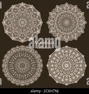 Set of abstract design element. Round mandalas in vector. Graphic template. Decorative retro ornament. Hand drawn. Vector Ethnic Oriental Ornament Stock Vector