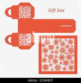 Openwork gift paper box with a handle.Greeting packaging with lace pattern. Packing, Pattern suitable for laser cutting, plotter cutting or printing. Stock Vector