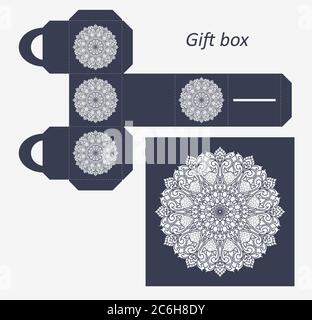 Openwork gift paper box with a handle.Greeting packaging with lace pattern. Packing, Pattern suitable for laser cutting, plotter cutting or printing. Stock Vector