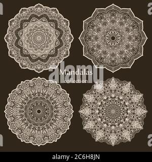 Set of abstract design element. Round mandalas in vector. Graphic template. Decorative retro ornament. Hand drawn. Vector Ethnic Oriental Ornament Stock Vector