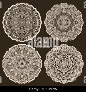 Set of abstract design element. Round mandalas in vector. Graphic template. Decorative retro ornament. Hand drawn. Vector Ethnic Oriental Ornament Stock Vector
