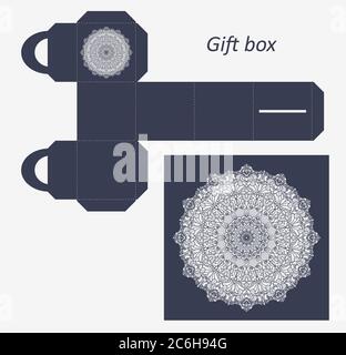 Openwork gift paper box with a handle.Greeting packaging with lace pattern. Packing, Pattern suitable for laser cutting, plotter cutting or printing. Stock Vector