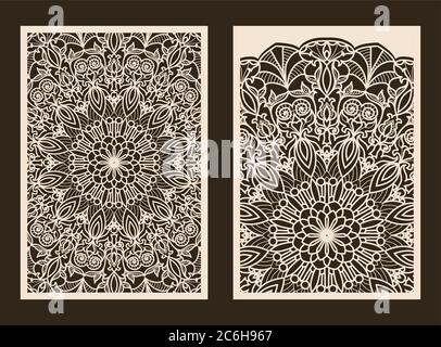 Wedding Invitation or greeting card with lace pattern. Layout congratulatory card with carved openwork pattern. Pattern suitable for laser cutting Stock Vector