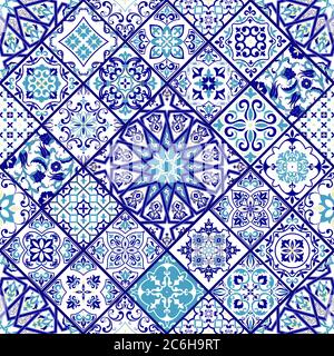 Seamless patchwork tile in blue and white colors. Endless pattern can be used for ceramic tile, wallpaper, linoleum, textile, web page background. Stock Vector