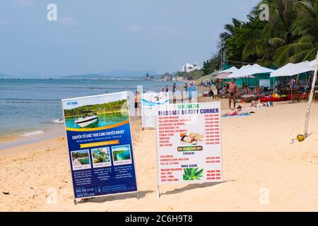 Sings advertising tours and services, Long Beach, Duong Dong, Phu Quoc island, Vietnam, Asia Stock Photo