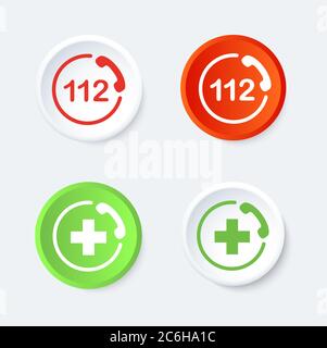 112 and AID button. Emergency phone symbol. Round icons. Stock Photo