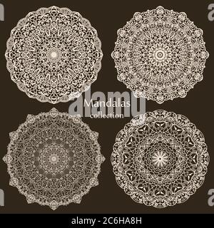 Set of abstract design element. Round mandalas in vector. Graphic template. Decorative retro ornament. Hand drawn. Vector Ethnic Oriental Ornament Stock Vector