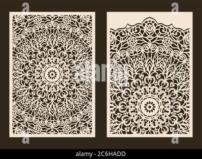 Wedding Invitation or greeting card with lace pattern. Layout congratulatory card with carved openwork pattern. Pattern suitable for laser cutting Stock Vector