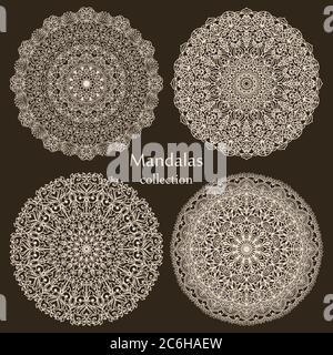 Set of abstract design element. Round mandalas in vector. Graphic template. Decorative retro ornament. Hand drawn. Vector Ethnic Oriental Ornament Stock Vector