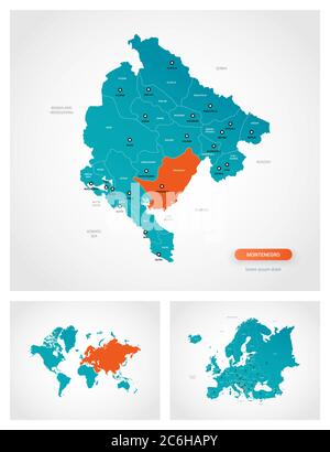 Montenegro vector map Editable - Editable Template Of Map Of Montenegro With Marks Montenegro On World Map And On Europe Map 2c6hapy 