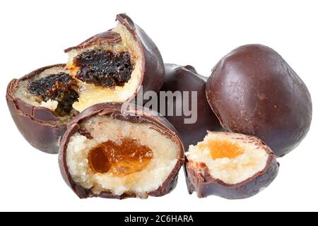 Chocolate marzipan bar with fruit filling isolated on a white background. Stock Photo
