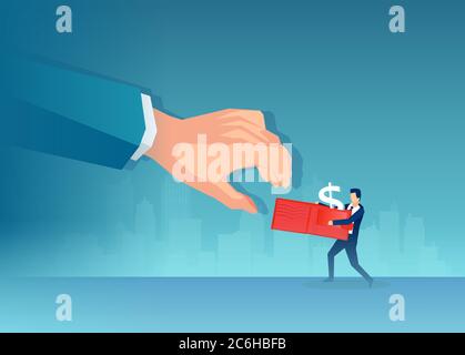 Vector of a big hand taking away wallet with money from a small businessman Stock Vector