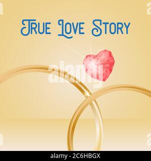 Wedding Background with gold rings, heart shaped gemstone, eps 10. True Love Story lettering Stock Vector