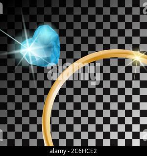 Gold ring with blue heart gemstone on transparent background. Vector illustration. Stock Vector