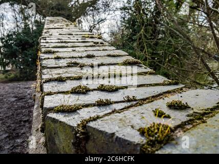 Close-up image of an old and weathered brick built foot bridge crossing. Stock Photo