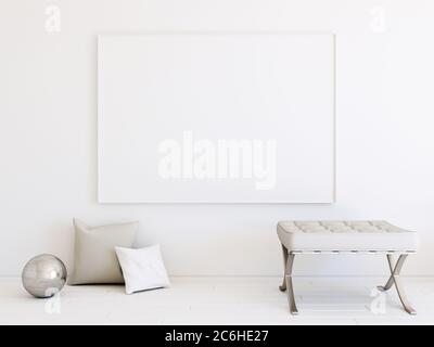 Interior mockup 3d in white with blank frame Stock Photo